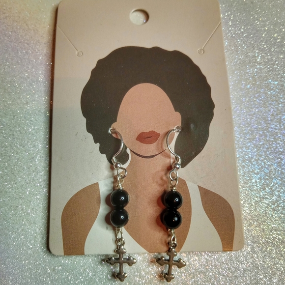 Sterling Silver Black Onyx Dangle Earrings with a Cross charm - Picture 4 of 6